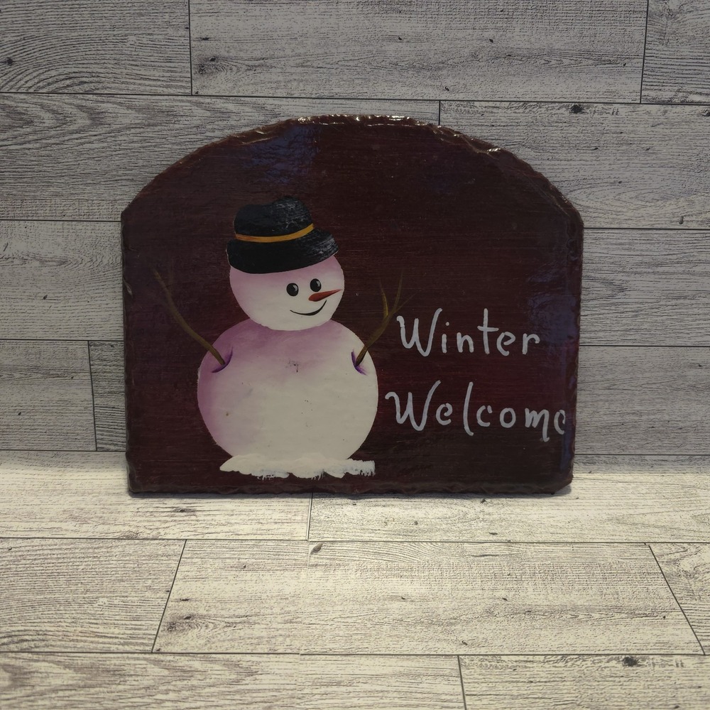 Hand Painted Winter Welcome Snowman‎ on Slate No Hanger Attached